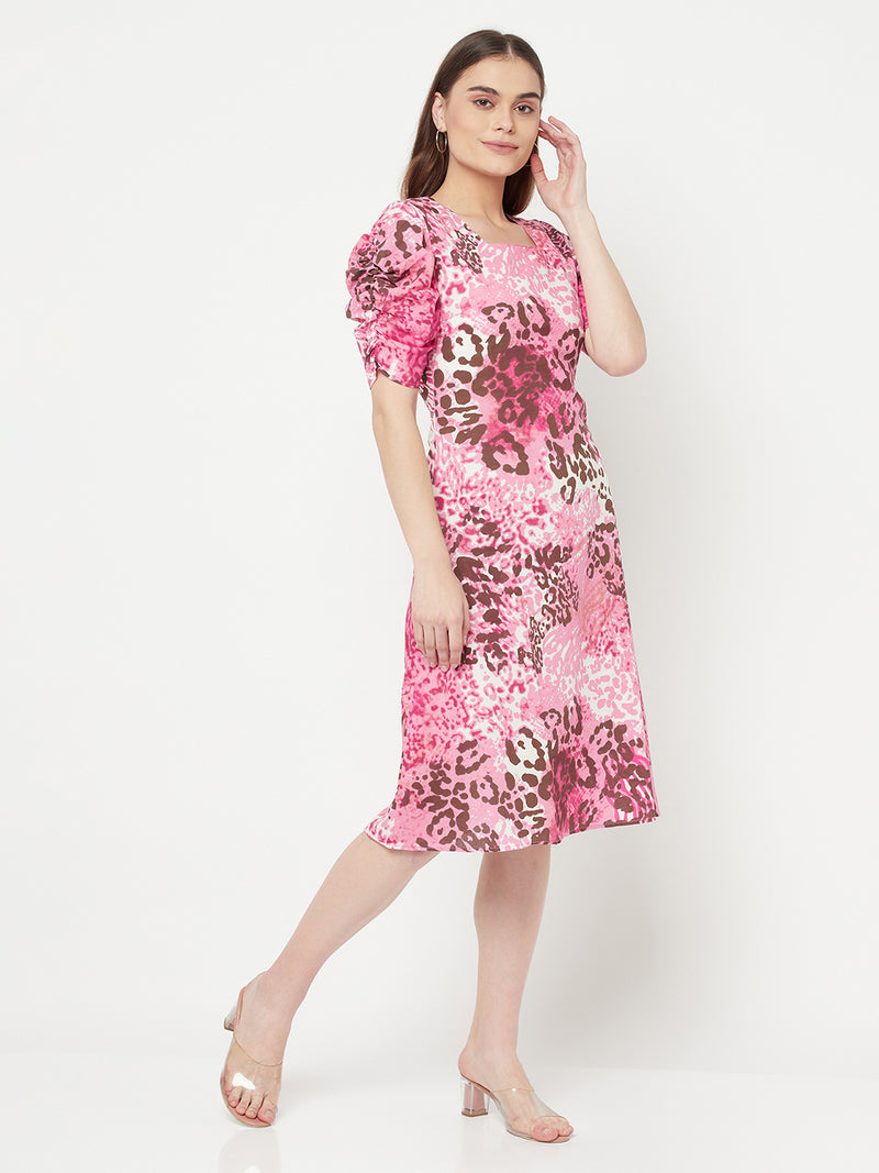 Pink Animal Printed A Line Dress in Cotton & pleated sleeve