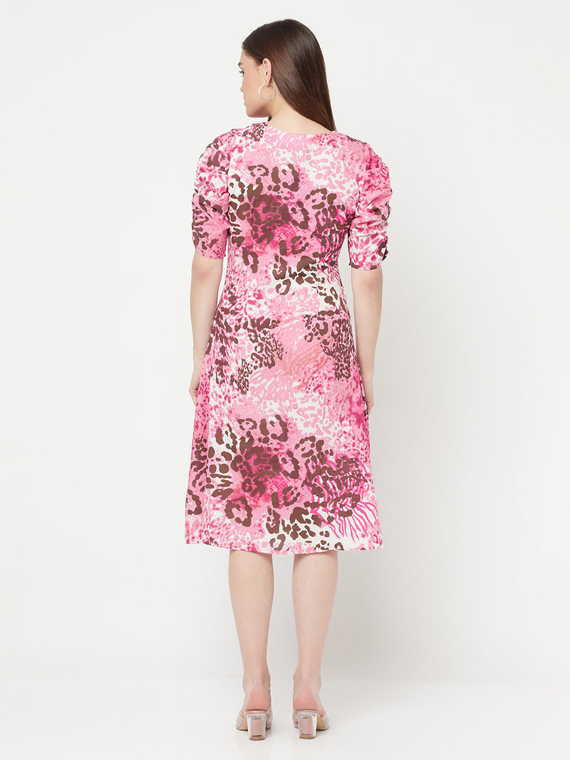 Pink Animal Printed A Line Dress in Cotton & pleated sleeve