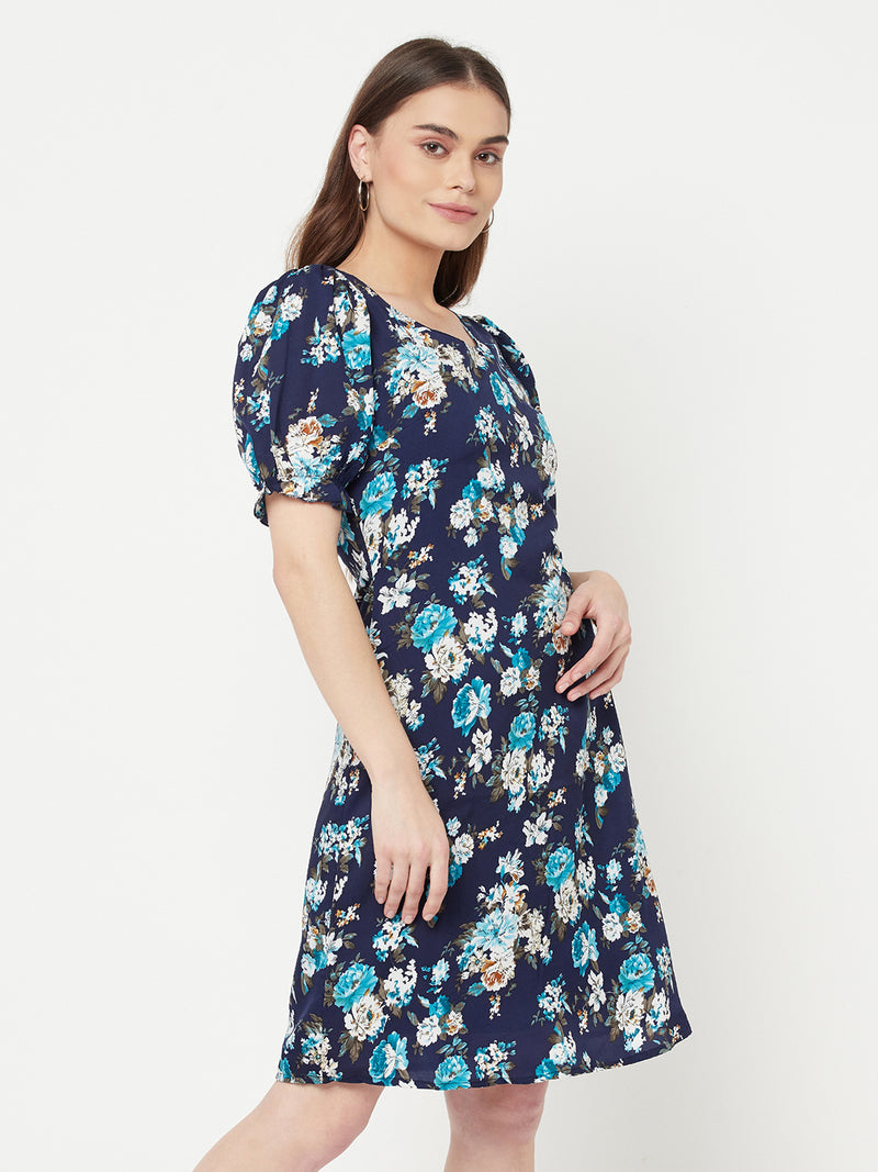 Floral printed A line short dress with puff sleeves