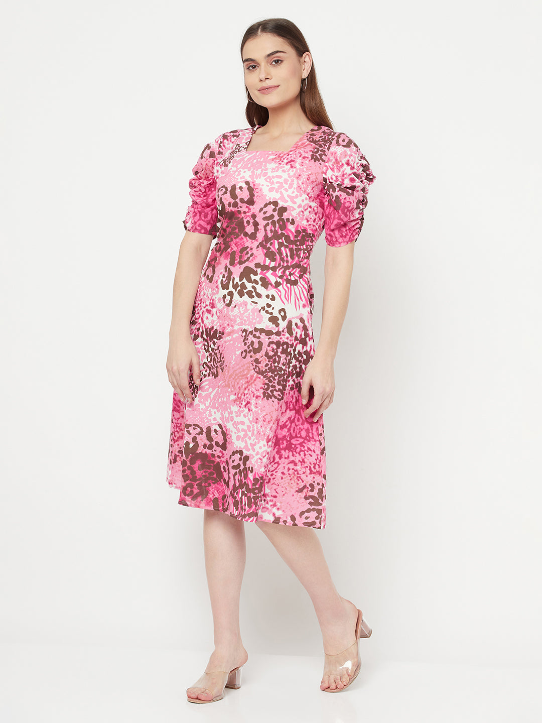 Pink Animal Printed A Line Dress in Cotton & pleated sleeve