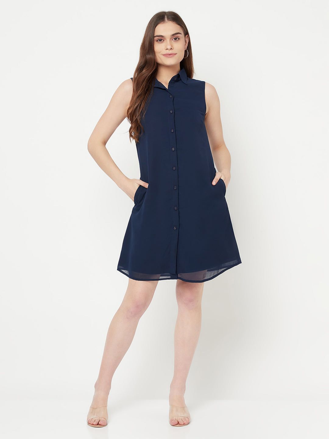 Little Blue Sleeveless Dress With Side Pockets & button Closure at front & attached lining.