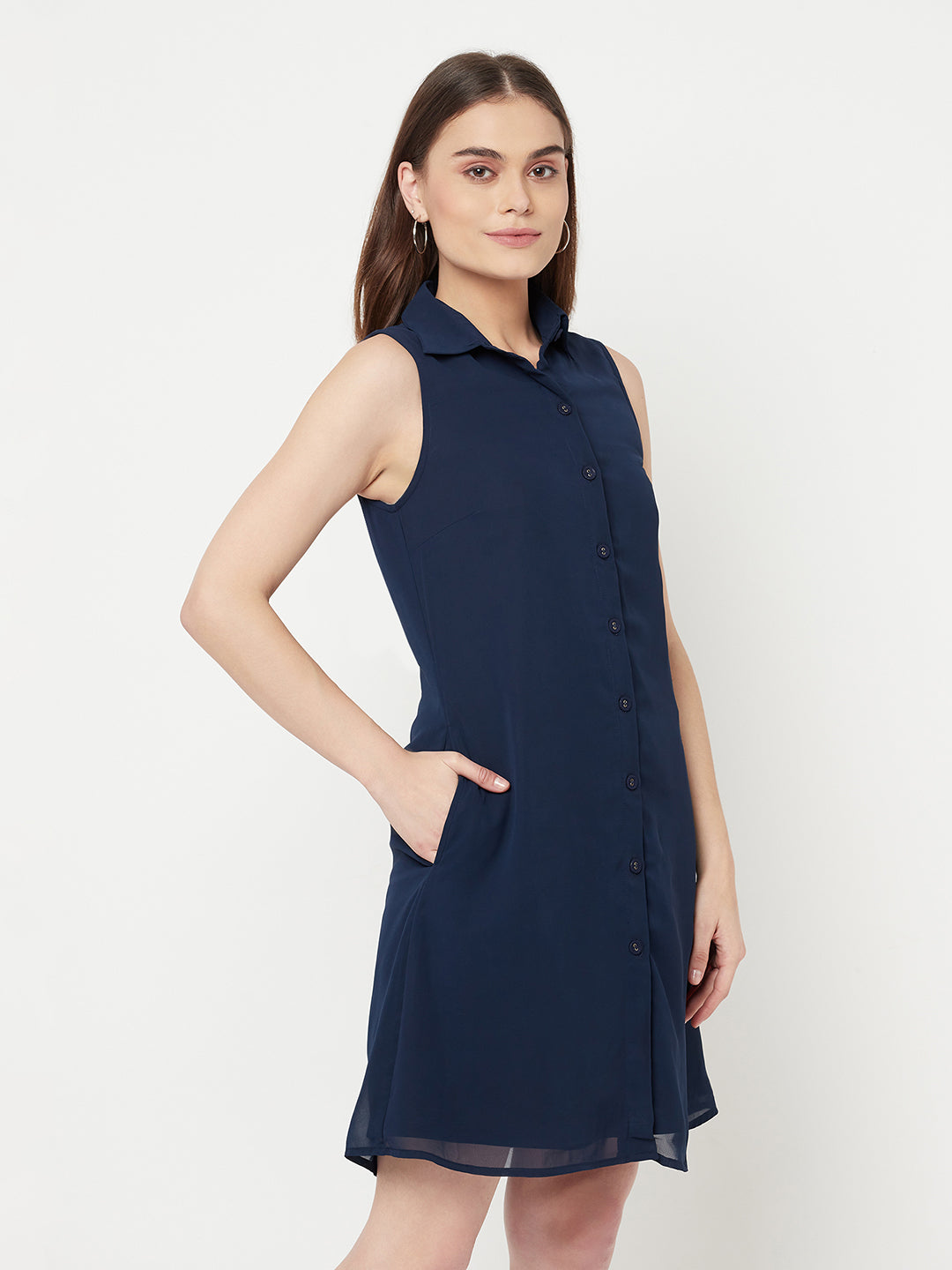 Little Blue Sleeveless Dress With Side Pockets & button Closure at front & attached lining.