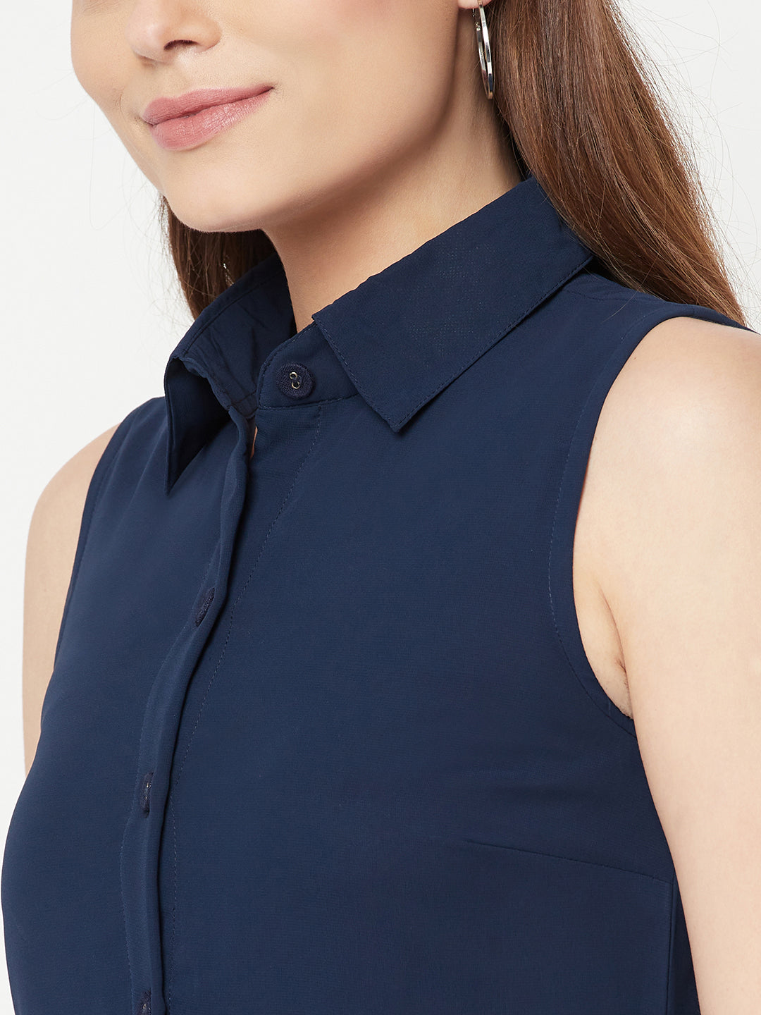 Little Blue Sleeveless Dress With Side Pockets & button Closure at front & attached lining.