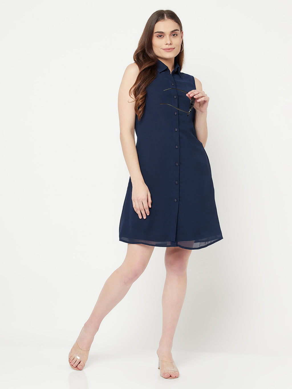 Little Blue Sleeveless Dress With Side Pockets & button Closure at front & attached lining.