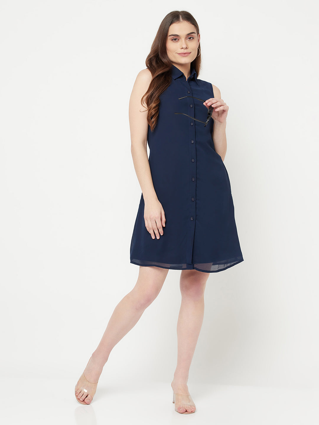 Little Blue Sleeveless Dress With Side Pockets & button Closure at front & attached lining.