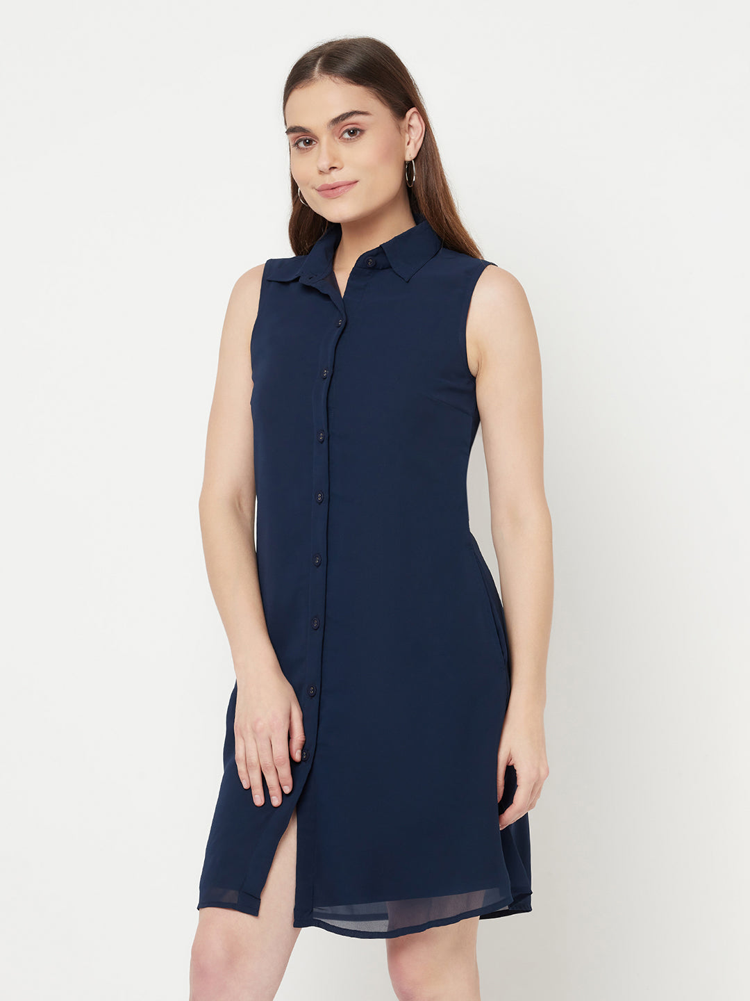 Little Blue Sleeveless Dress With Side Pockets & button Closure at front & attached lining.