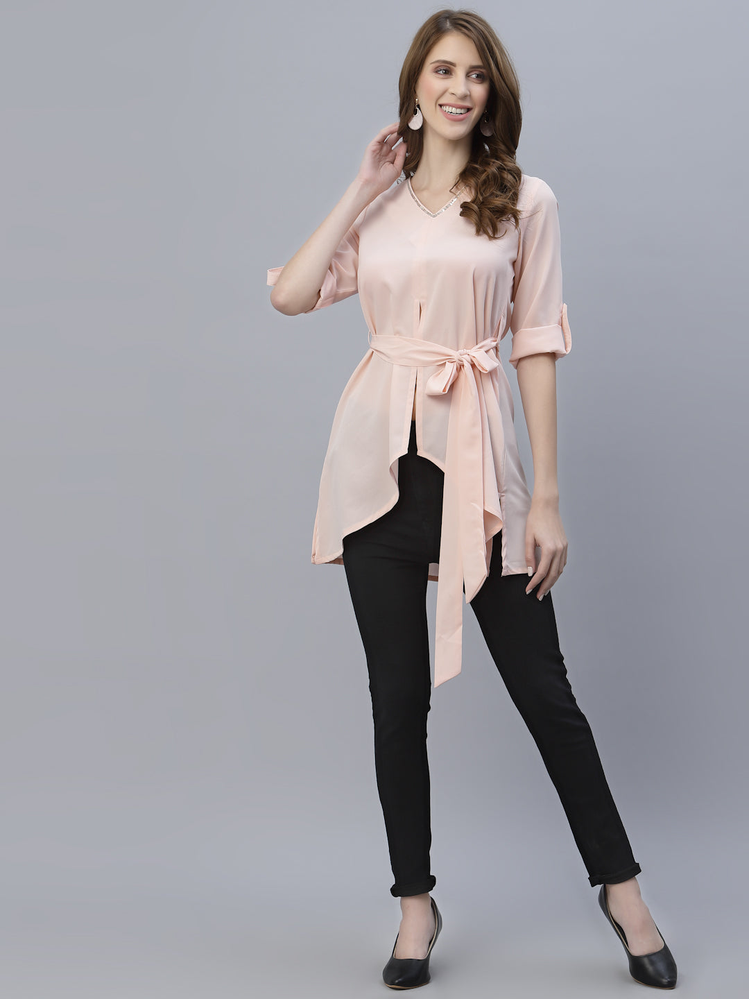 Peach Color V Neck High Low Top With Belt