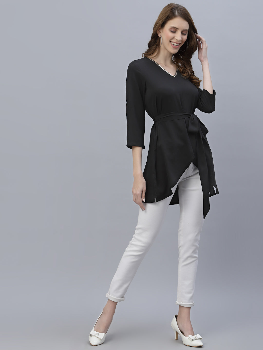 Peach Color V Neck High Low Top With Belt