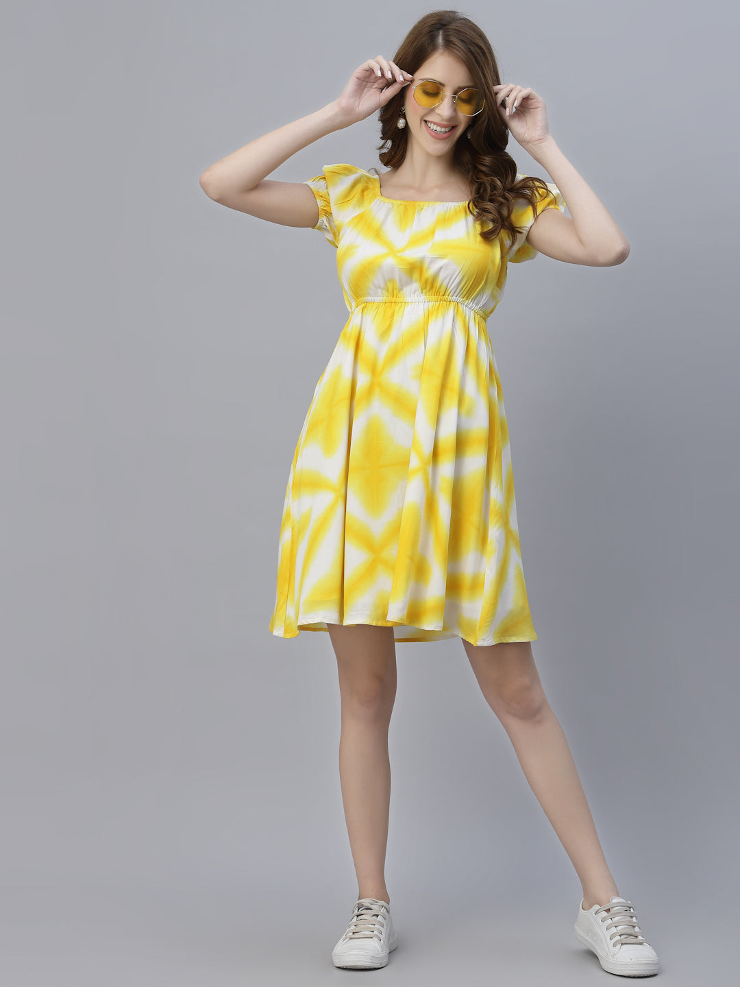 Yellow Tie Dye Clinched Waist Short Dress In Viscose Rayon with attached Lining