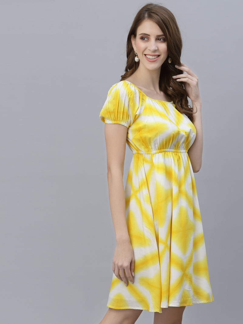 Yellow Tie Dye Clinched Waist Short Dress In Viscose Rayon with attached Lining
