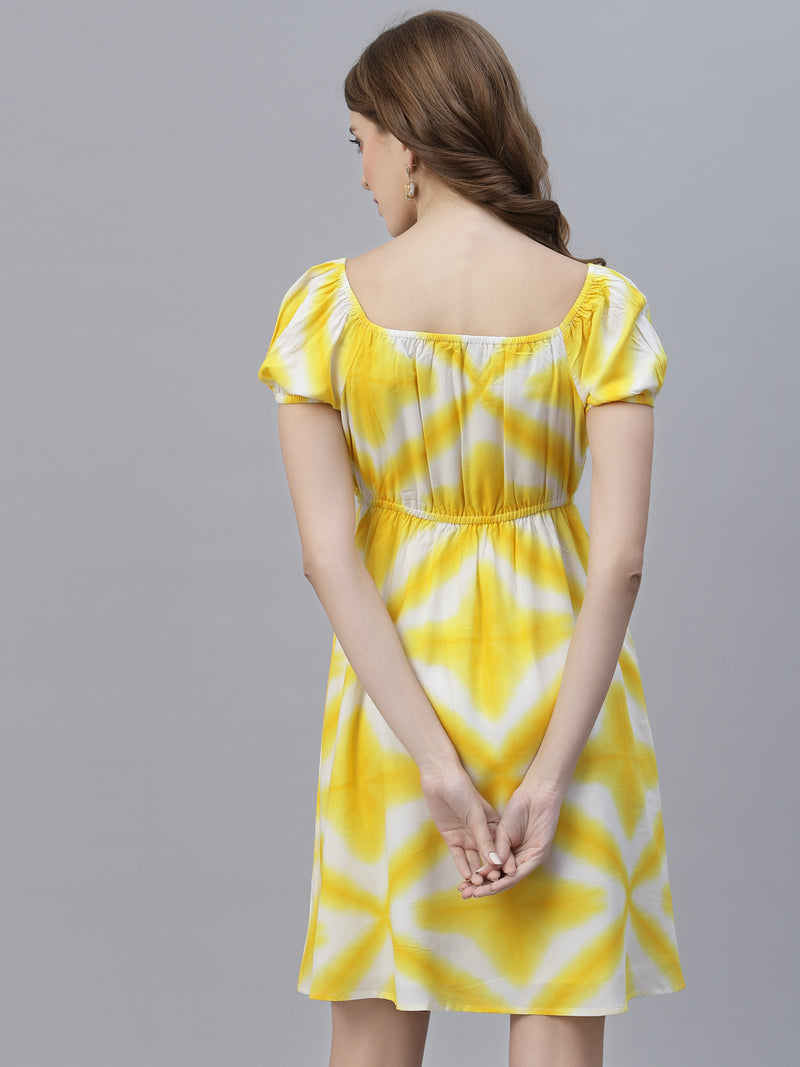Yellow Tie Dye Clinched Waist Short Dress In Viscose Rayon with attached Lining