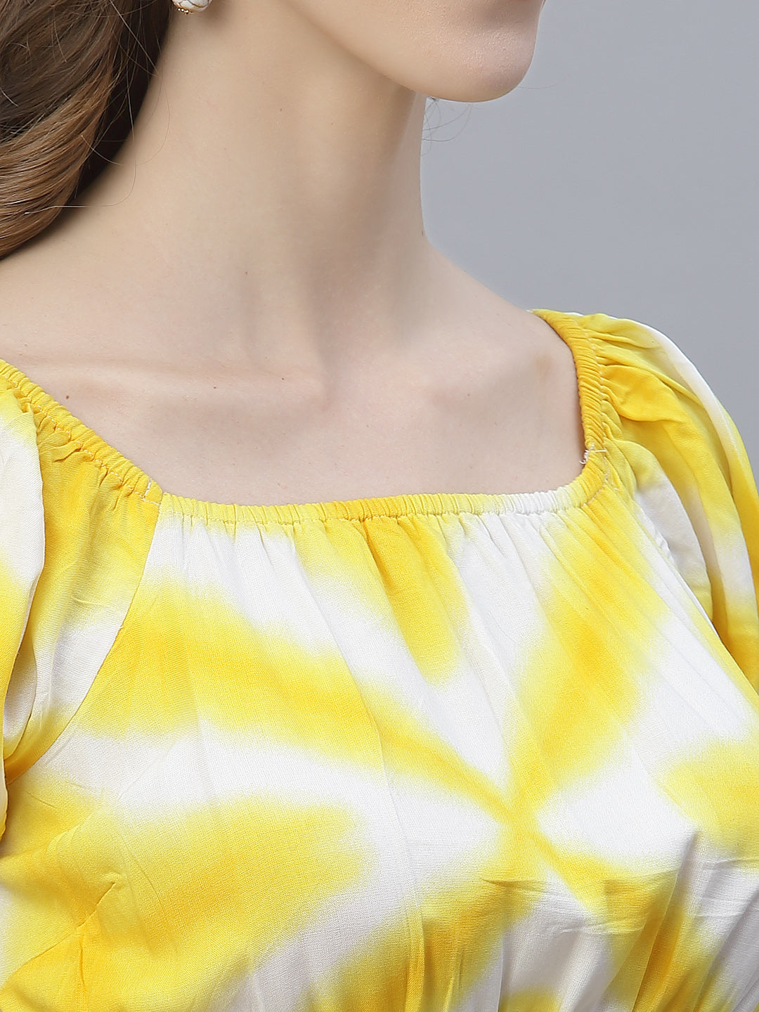 Yellow Tie Dye Clinched Waist Short Dress In Viscose Rayon with attached Lining