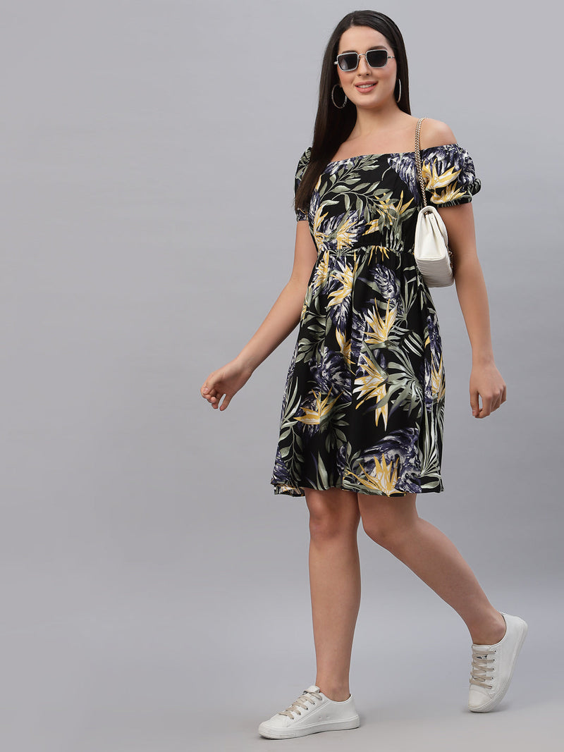 Floral Printed Clinched Waist Short Dress In Viscose Rayon with attached Lining