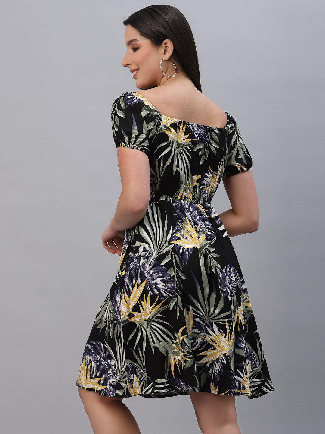 Floral Printed Clinched Waist Short Dress In Viscose Rayon with attached Lining