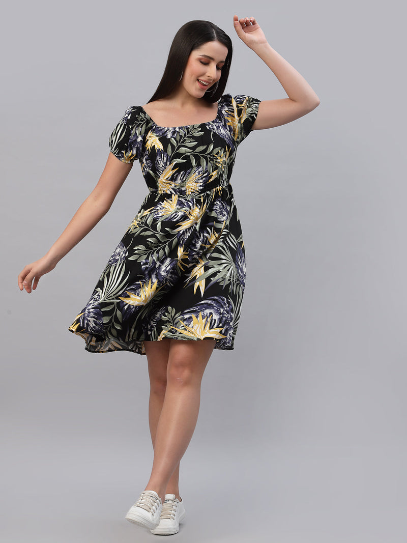 Floral Printed Clinched Waist Short Dress In Viscose Rayon with attached Lining