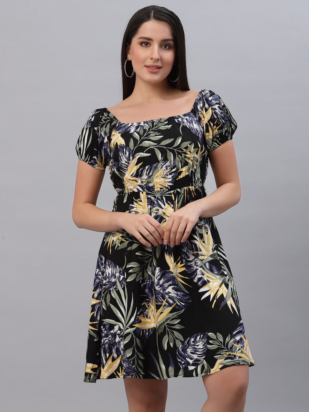 Floral Printed Clinched Waist Short Dress In Viscose Rayon with attached Lining