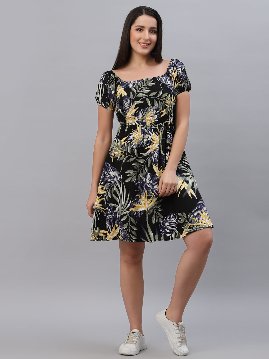 Floral Printed Clinched Waist Short Dress In Viscose Rayon with attached Lining