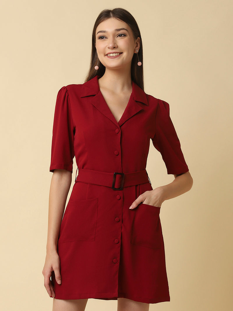 Burgundy Color Solid Short Women Dress With Tailored Collar & Belt