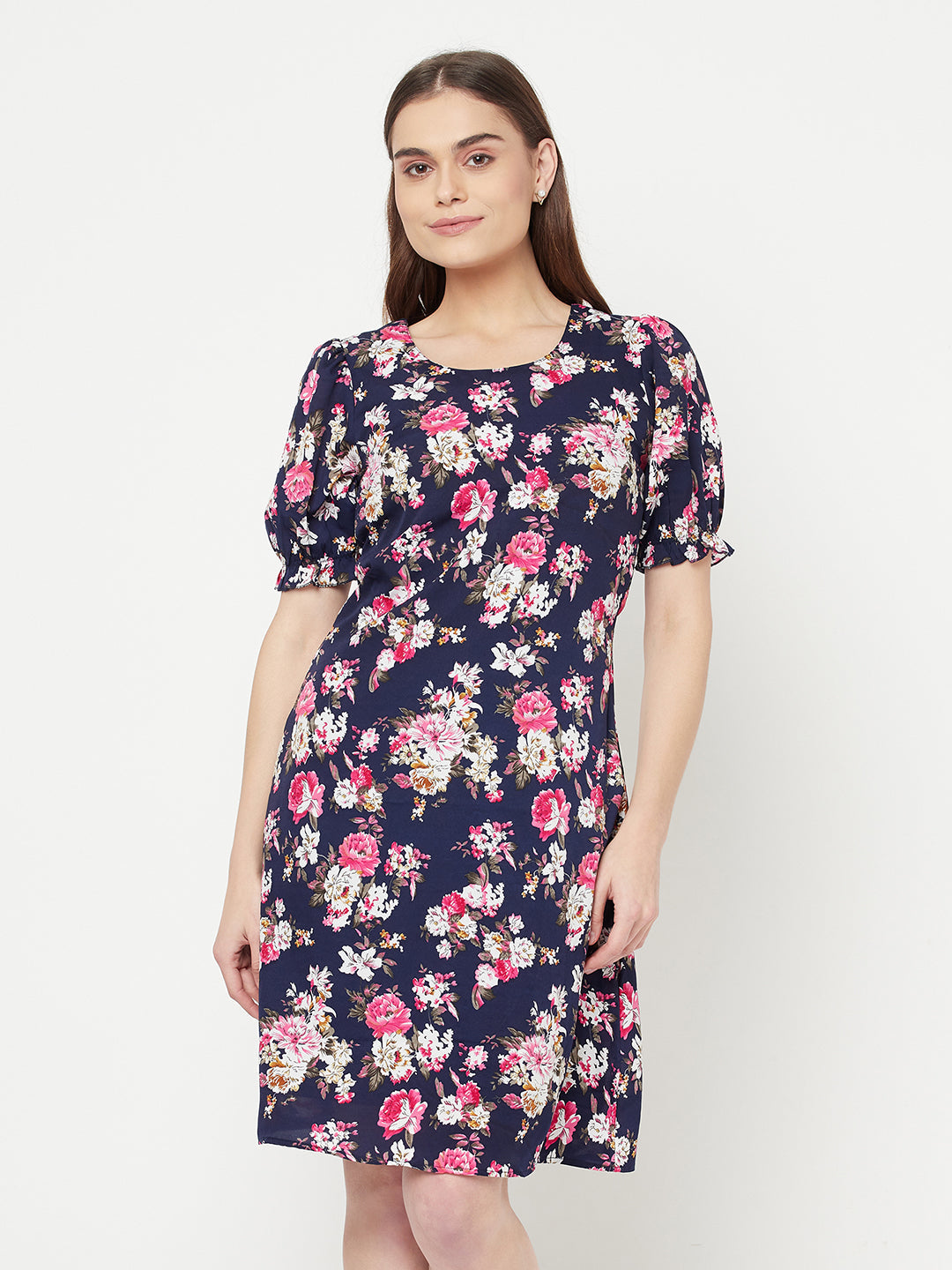 Floral Printed A line short dress with puff sleeve & lining for women.