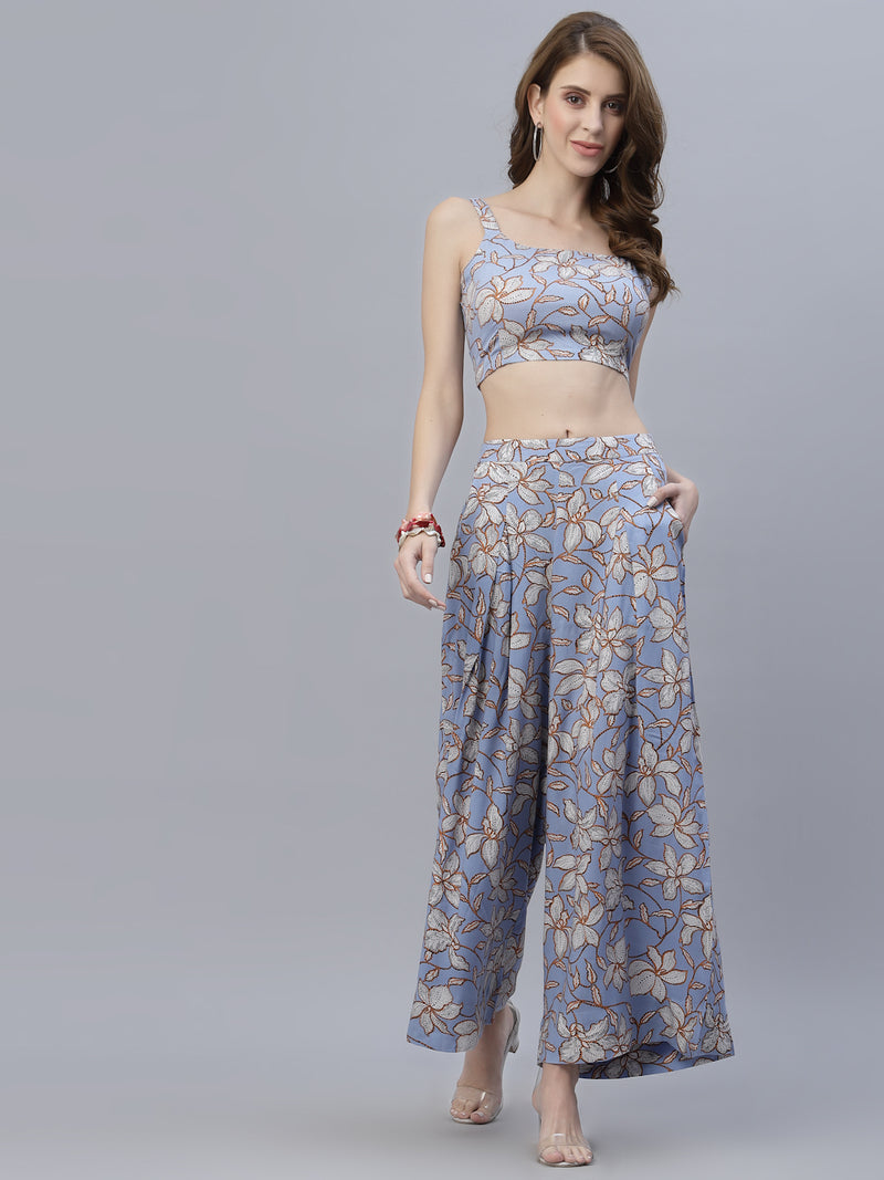 A co-ordinate set is a two-piece outfit consisting of a top and bottom that are designed to be worn together. The lavender printed co-ordinate set you mentioned comes with a strappy blouse and a pleated palazzo in women wear catogory.