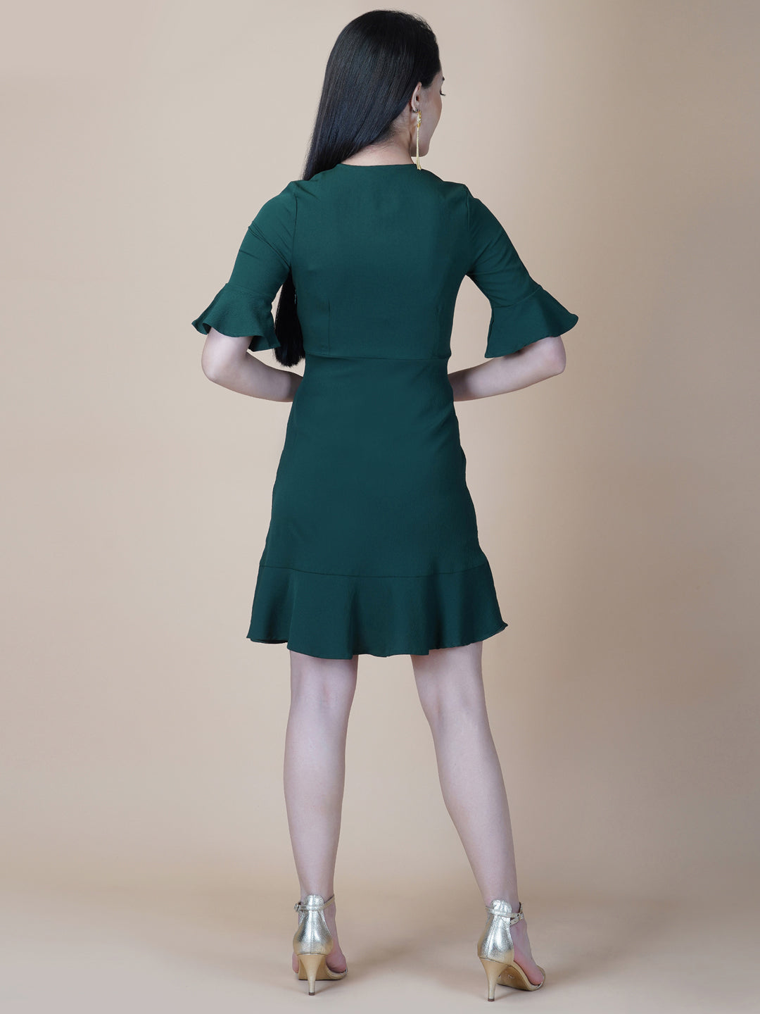 Green Solid A Line Women Dress with Metallic Zipper
