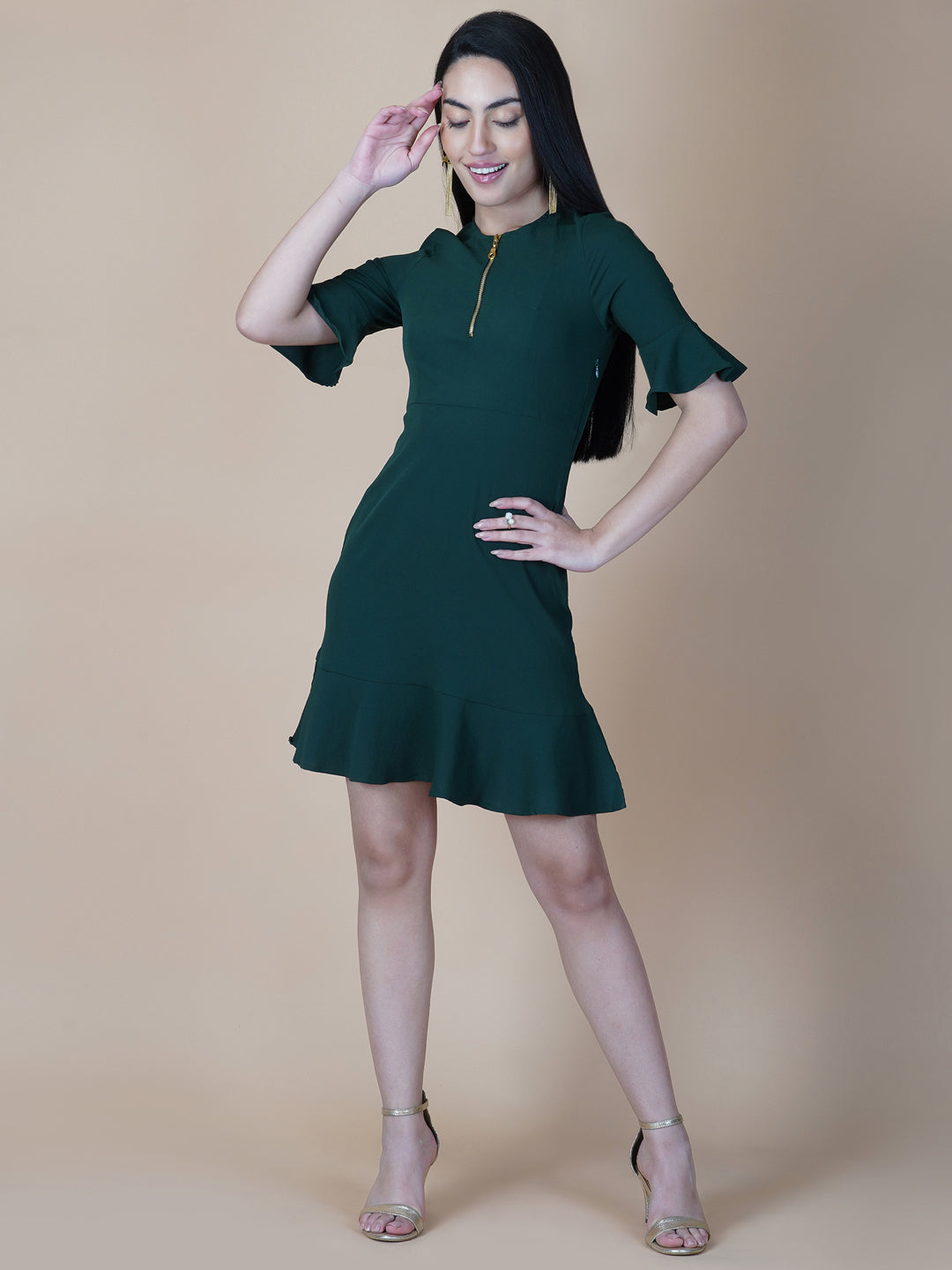 Green Solid A Line Women Dress with Metallic Zipper