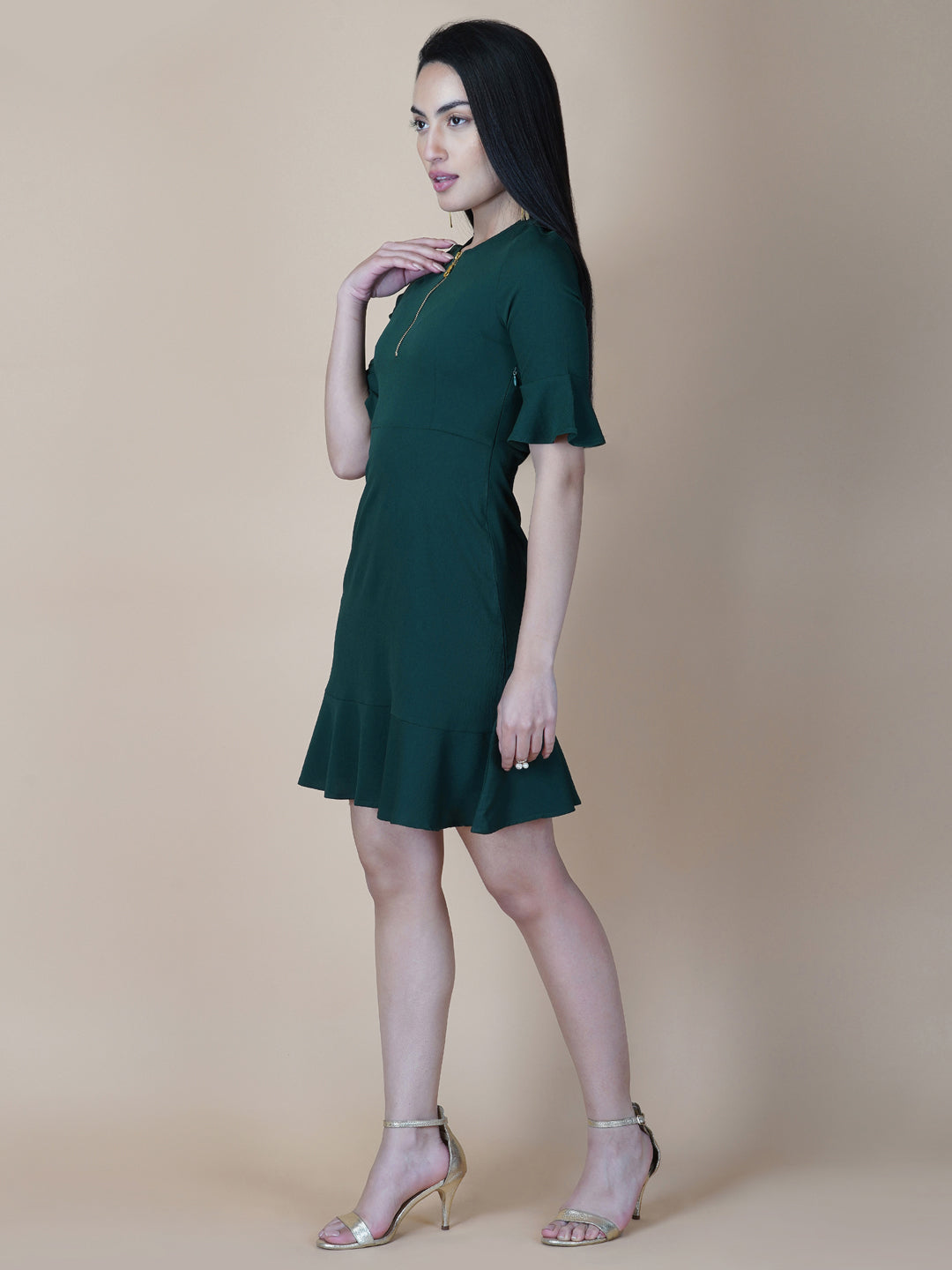 Green Solid A Line Women Dress with Metallic Zipper