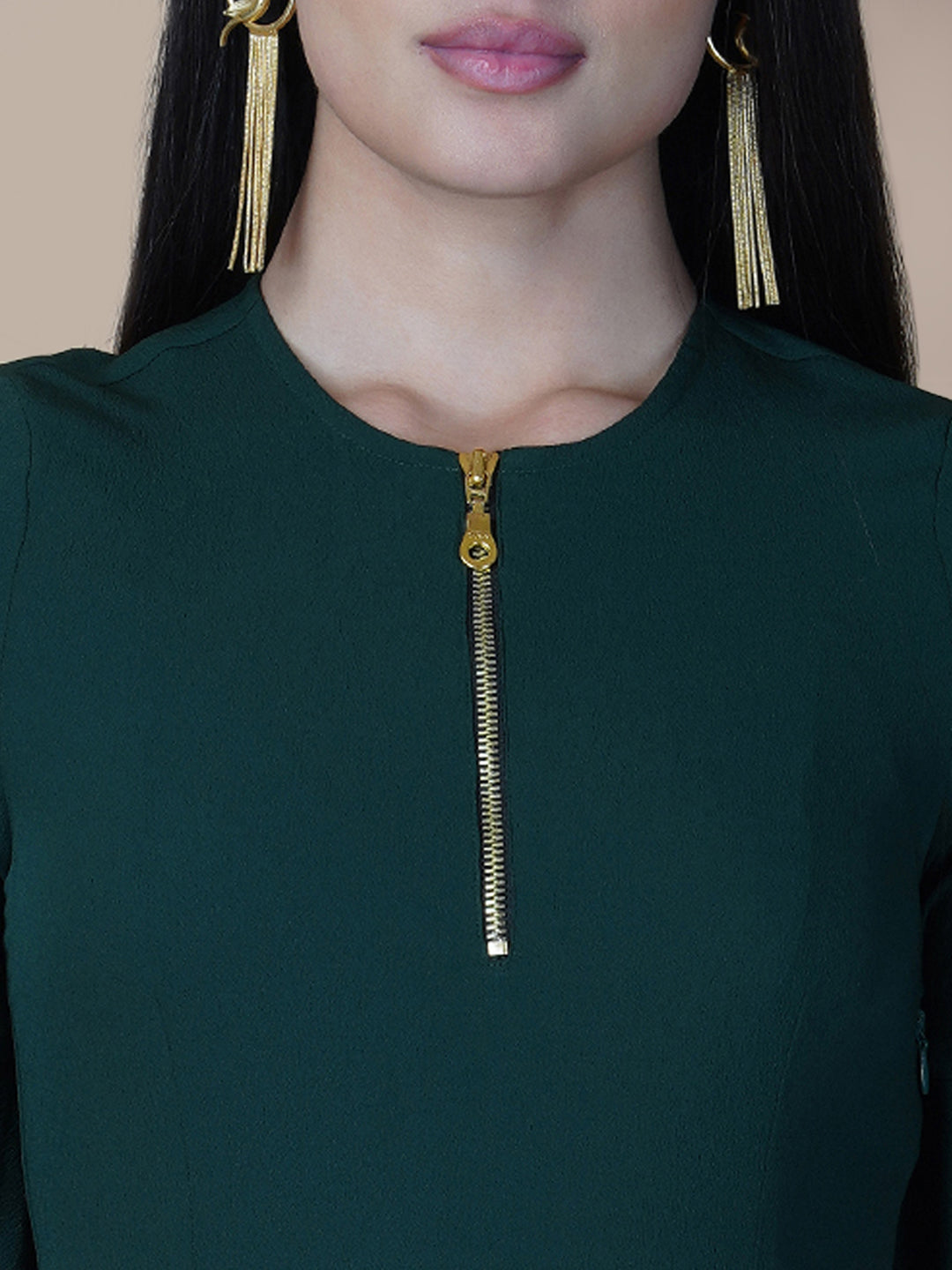 Green Solid A Line Women Dress with Metallic Zipper