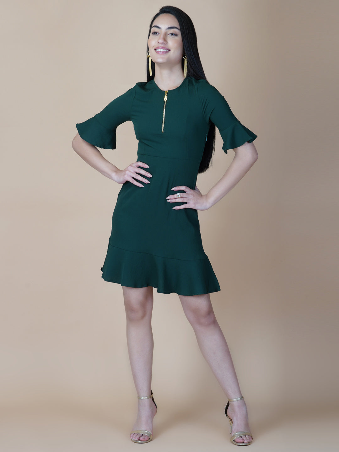 Green Solid A Line Women Dress with Metallic Zipper