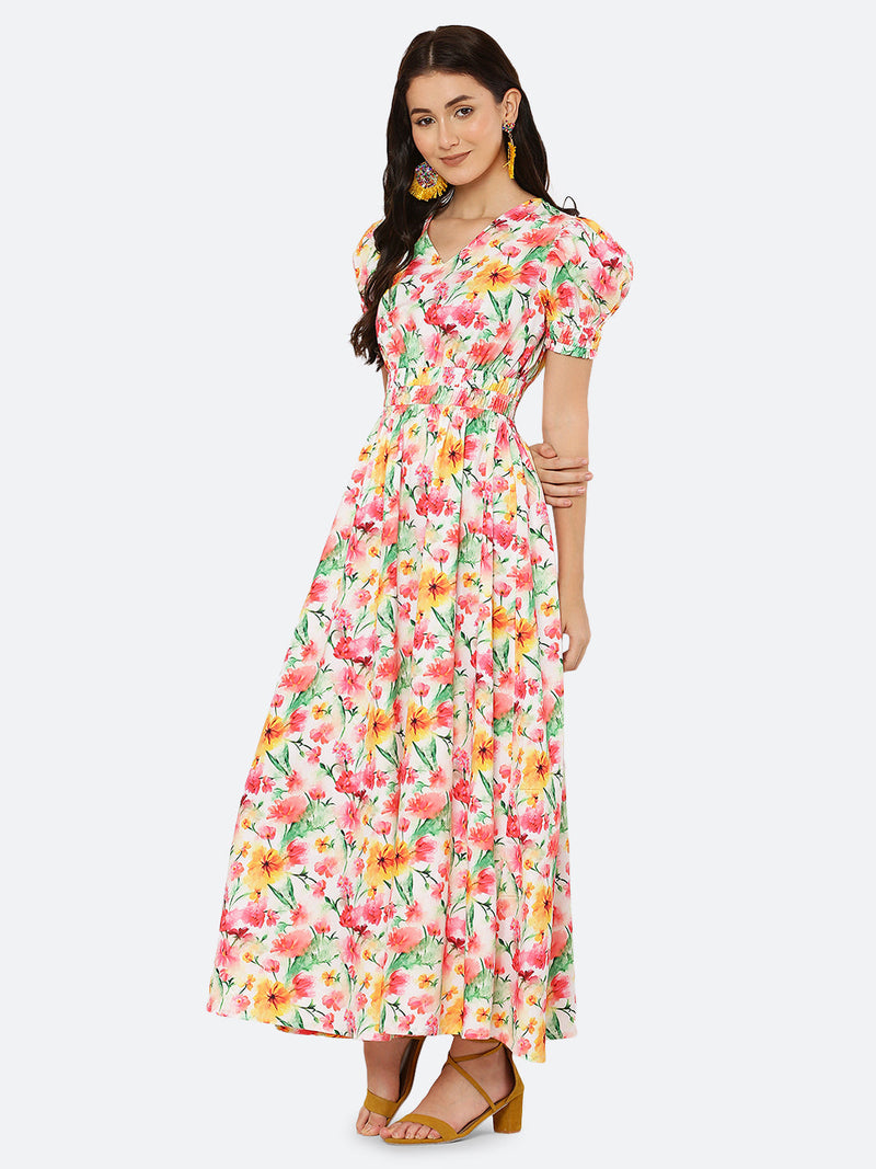 This  maxi dress features a bold print that adds a touch of sophistication to the silhouette. The rouched waist and sleeves create a flattering and feminine shape, while the attached lining provides comfort and coverage. Perfect for both formal and casual occasions, this dress can be styled with statement earrings, strappy heels, and a clutch for a chic and effortless look.