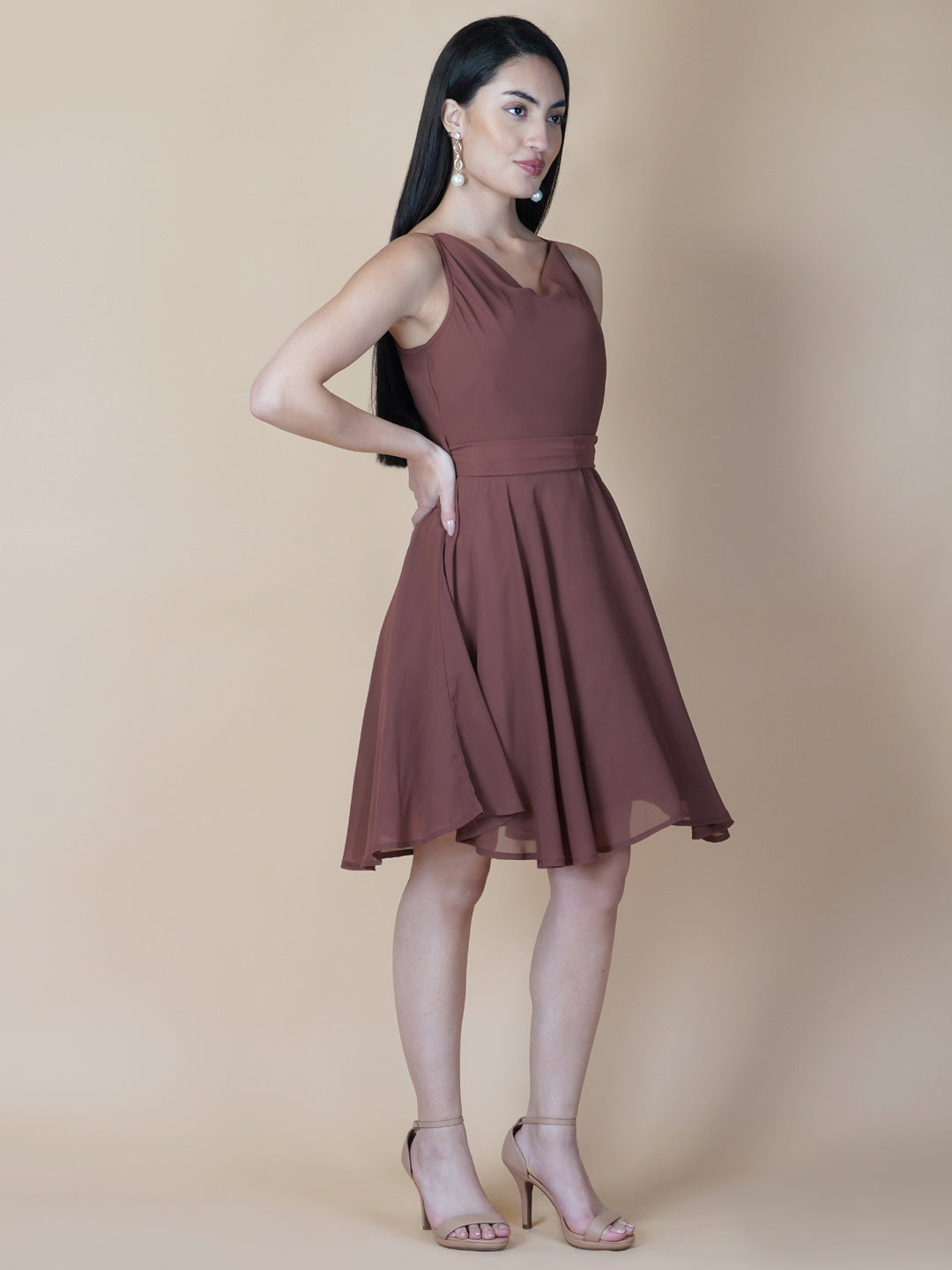 Brown Color Solid Cowl Neck Dress With Circular Hem And Bow Tie Belt Raassio Brown Color Solid Cowl Neck Dress With Circular Hem And Bow Tie Belt Raassio
