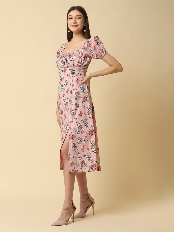 Pink Floral Printed Women Dress In Cotton