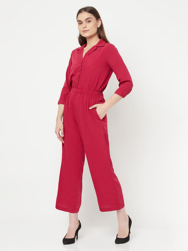This solid jump suit for women with an elasticated waist is a versatile and stylish piece of clothing that can be dressed up or down for any occasion. It is made of a comfortable and stretchy material that allows for ease of movement, while the elasticated waistband helps to flatter the figure and create a flattering silhouette.