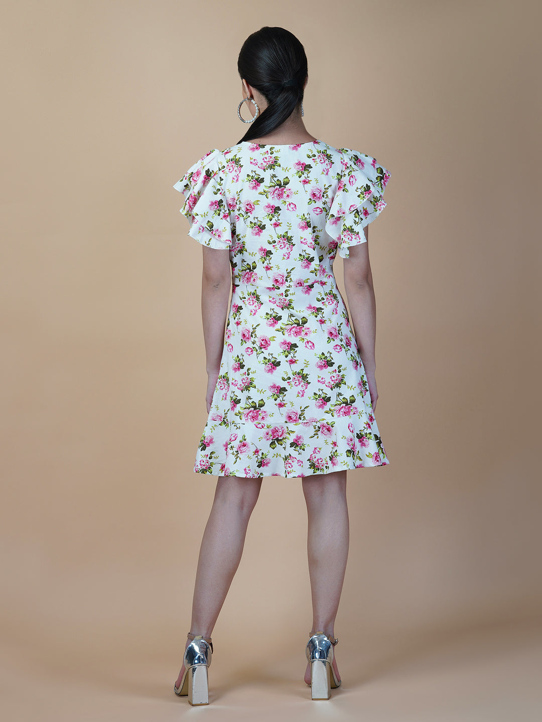 Cotton Printed Women Dress With Ruffled Sleeve & Ruched Bust