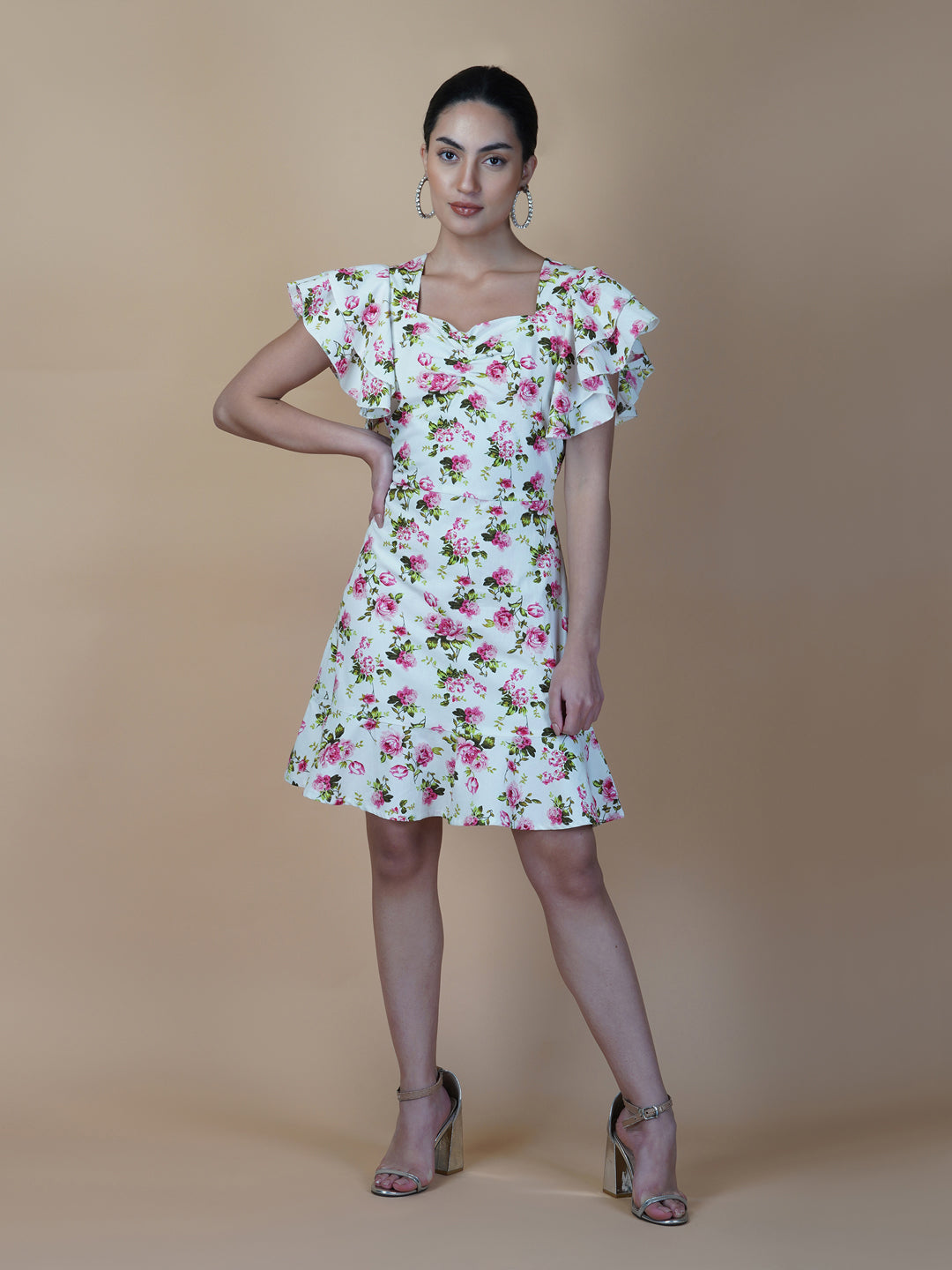 Cotton Printed Women Dress With Ruffled Sleeve & Ruched Bust