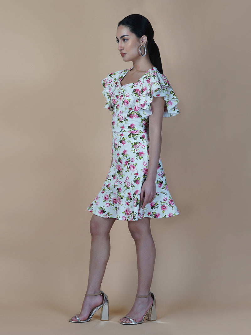 Cotton Printed Women Dress With Ruffled Sleeve & Ruched Bust
