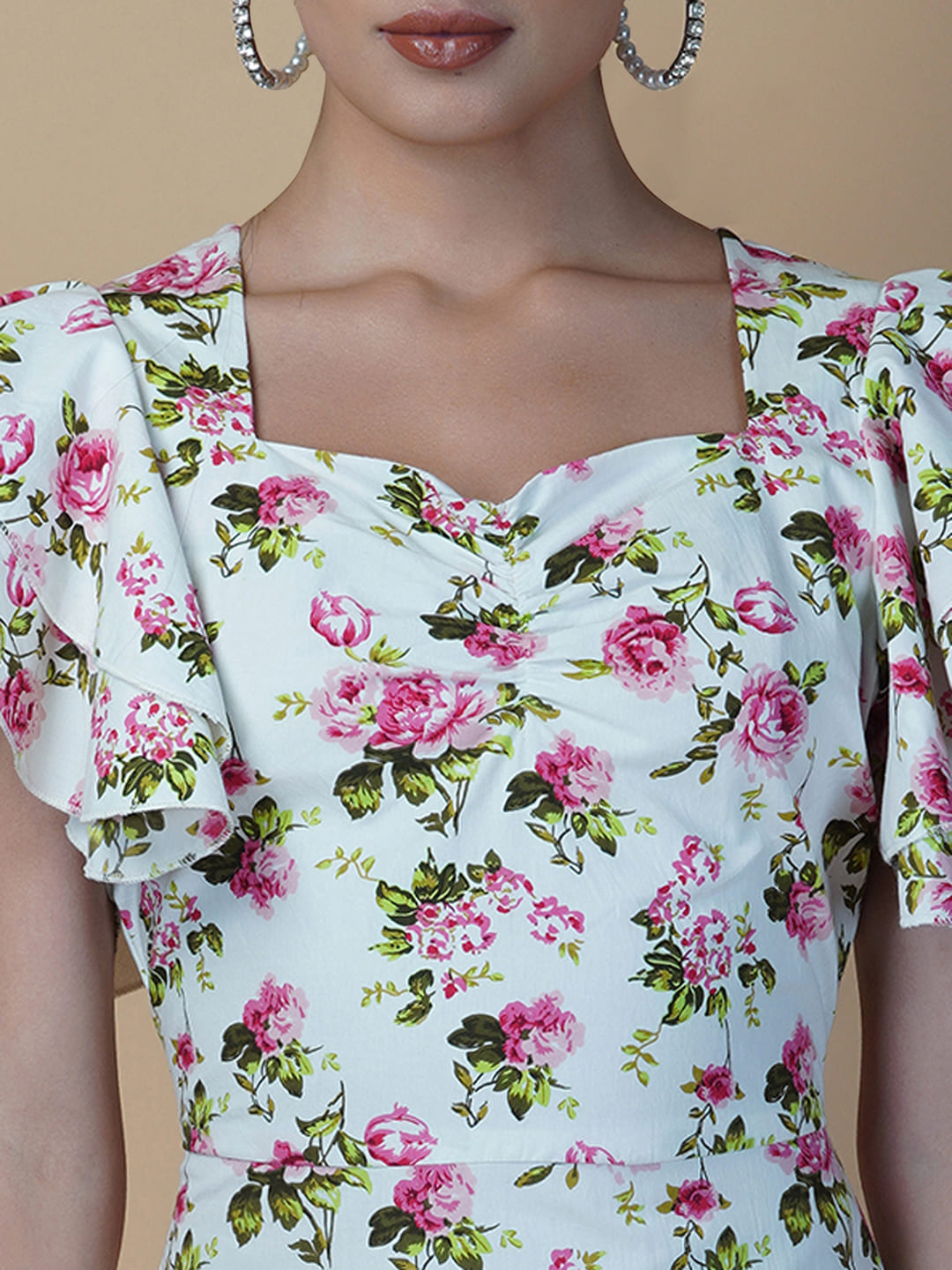 Cotton Printed Women Dress With Ruffled Sleeve & Ruched Bust