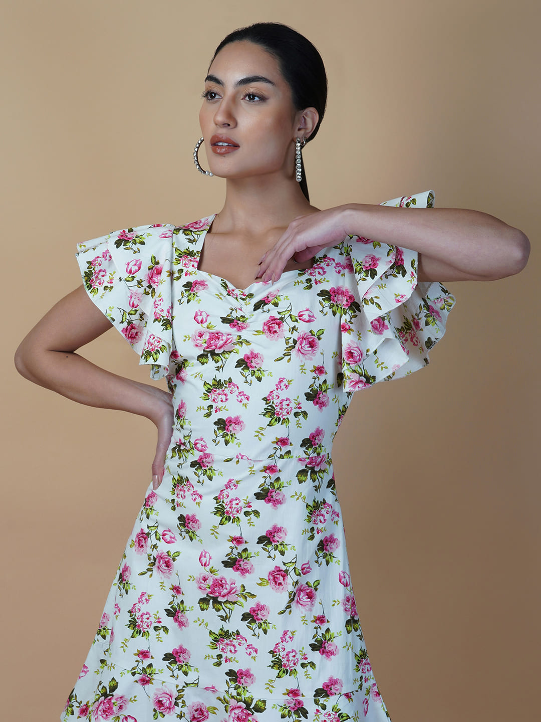 Cotton Printed Women Dress With Ruffled Sleeve & Ruched Bust
