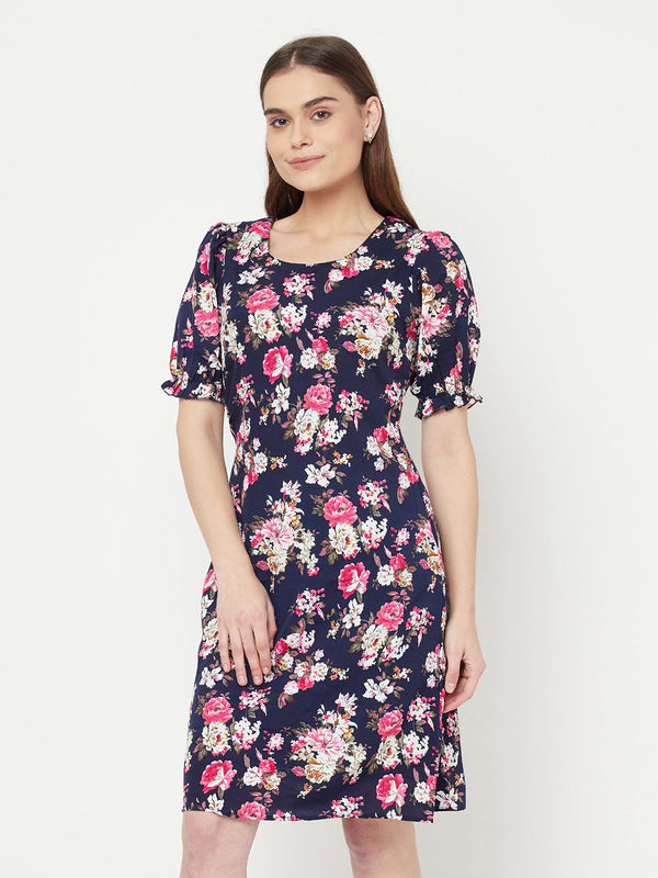 Floral Printed A line short dress with puff sleeve & lining for women.
