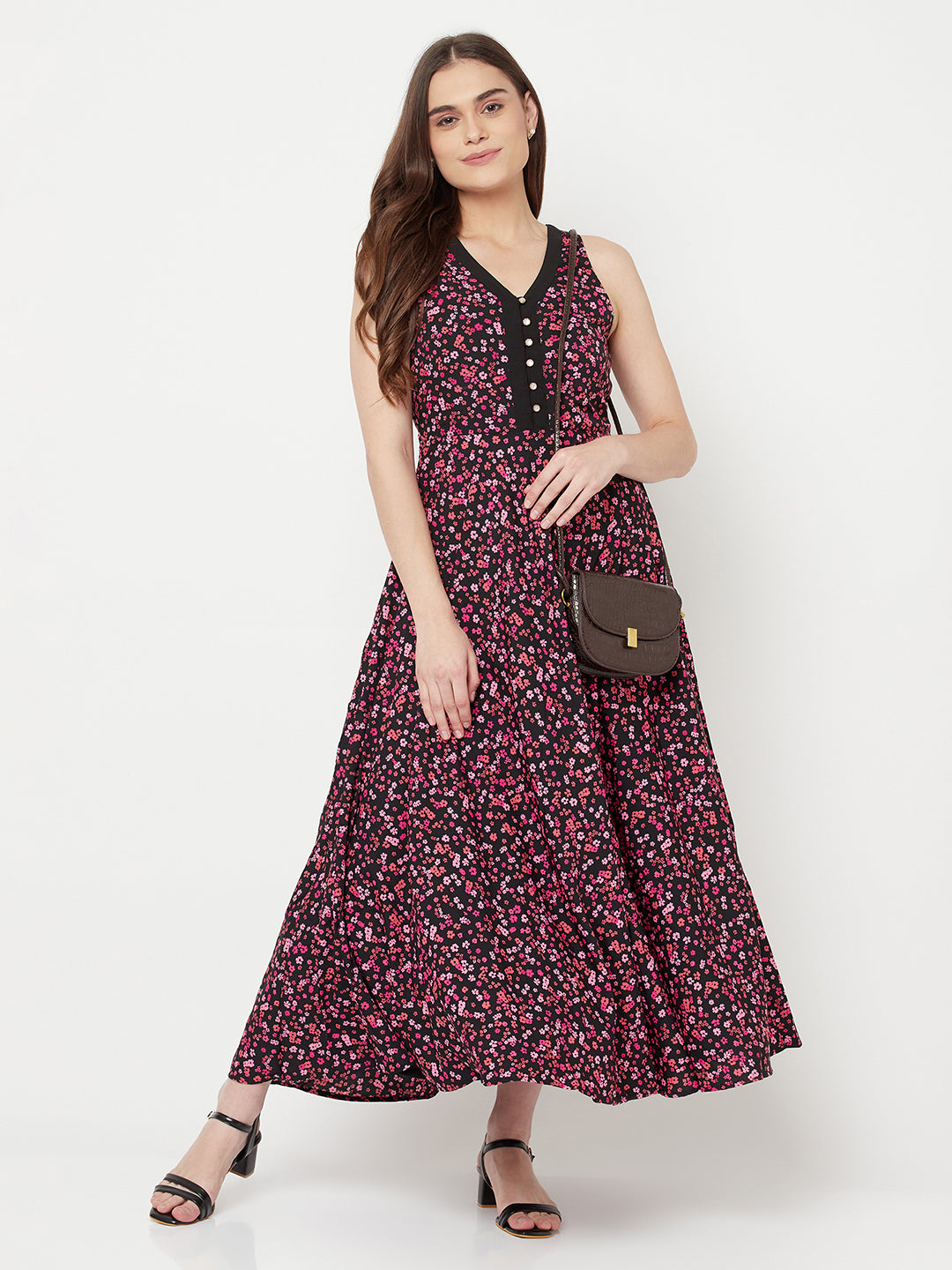 A floral printed maxi dress for women with an attached lining is a stylish and comfortable option for any occasion. The dress features a long length, typically reaching the ankles, and is made from a lightweight and flowy poly crepe fabric such.  The floral print adds a touch of femininity and elegance to the dress, making it perfect for both casual and formal events. 