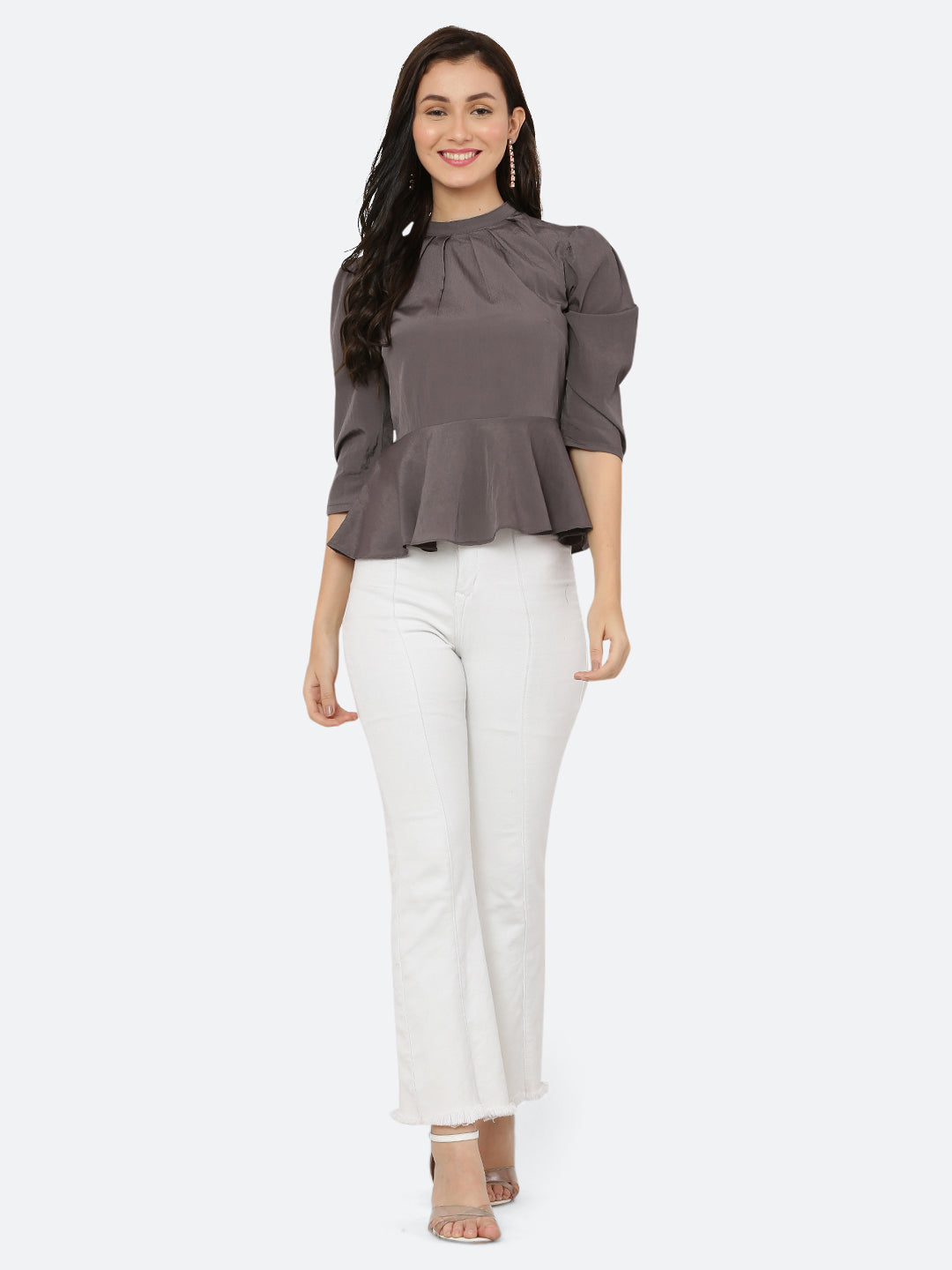 A grey colored women's top with a pleated neck and band collar is a stylish and sophisticated garment that can be worn for both casual and formal occasions. The pleated neck and band collar add a touch of elegance to the top, while the grey color gives it a classic and timeless look.