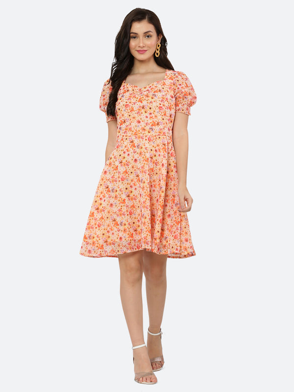This dress features a circular hemline that adds a playful, flirty feel to the overall design. The ruched neckline and smocked sleeves add texture and dimension to the dress, while also providing a snug and comfortable fit. Perfect for summer days and breezy evenings, this dress is versatile and easy to wear, making it a must-have in your wardrobe.