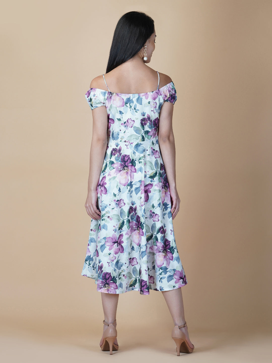 Off White  Printed Off Shoulder Women Dress With Circular Hem