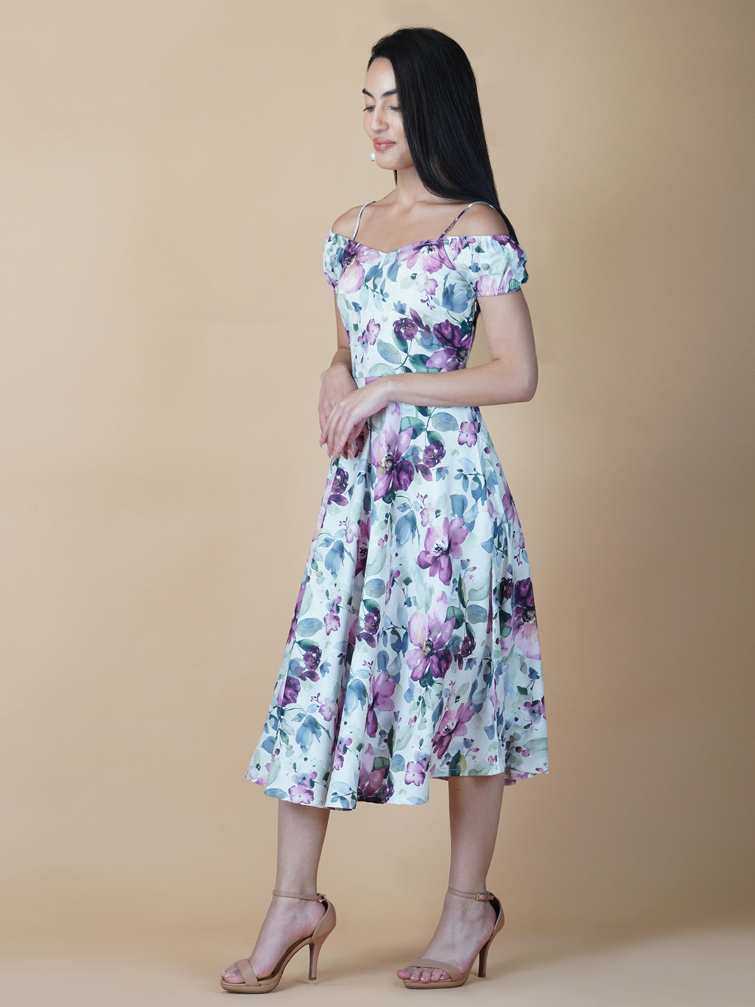 Off White  Printed Off Shoulder Women Dress With Circular Hem