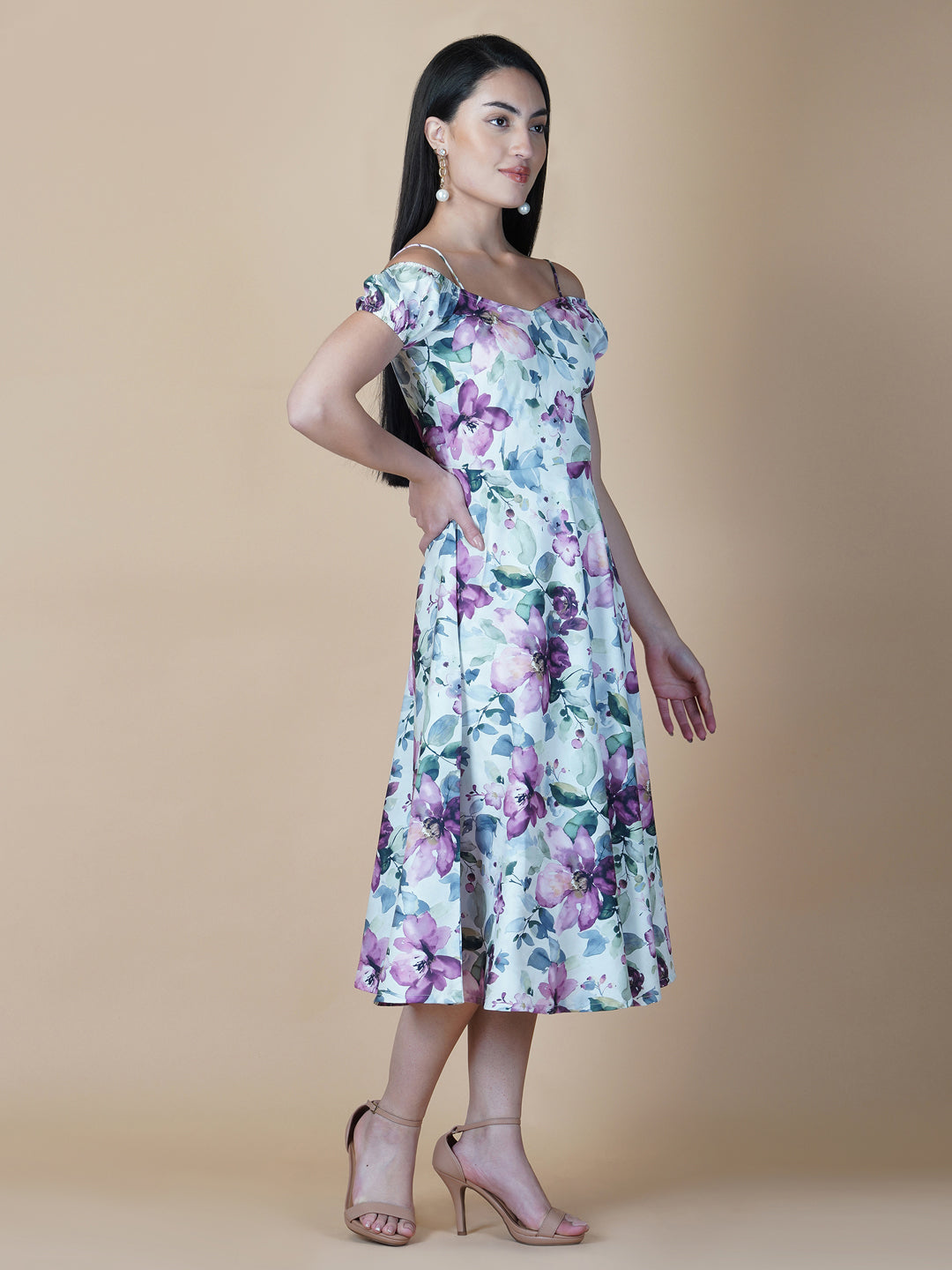 Off White  Printed Off Shoulder Women Dress With Circular Hem