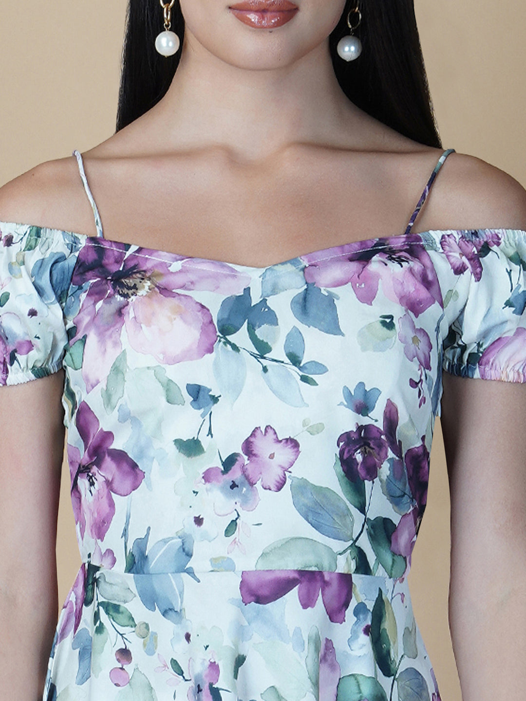 Off White  Printed Off Shoulder Women Dress With Circular Hem