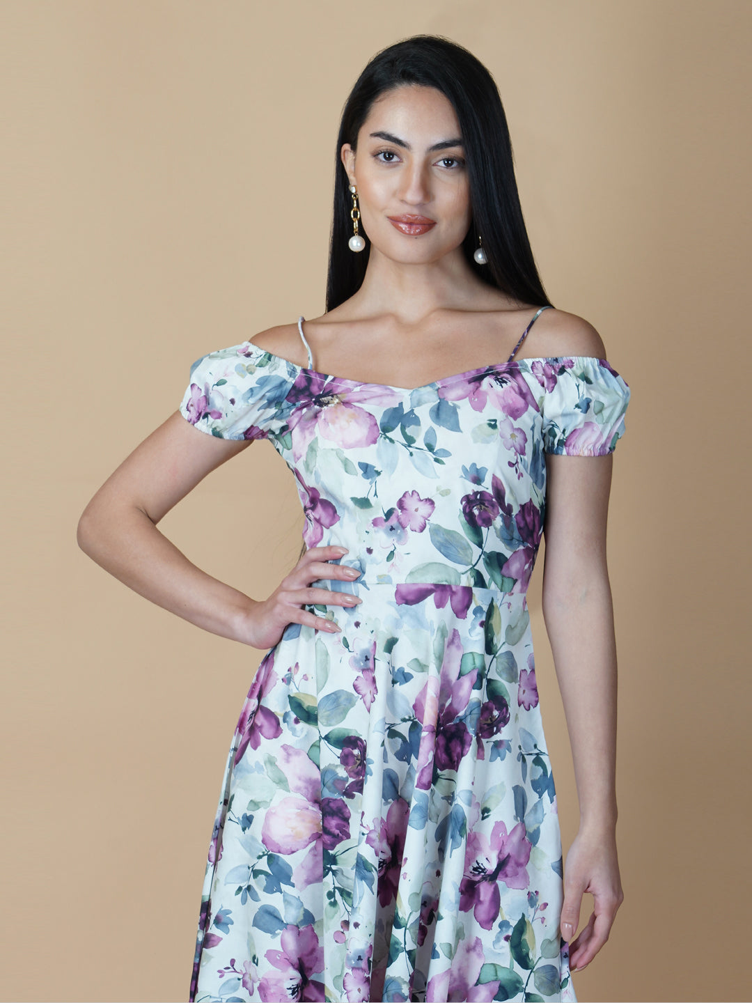 Off White  Printed Off Shoulder Women Dress With Circular Hem