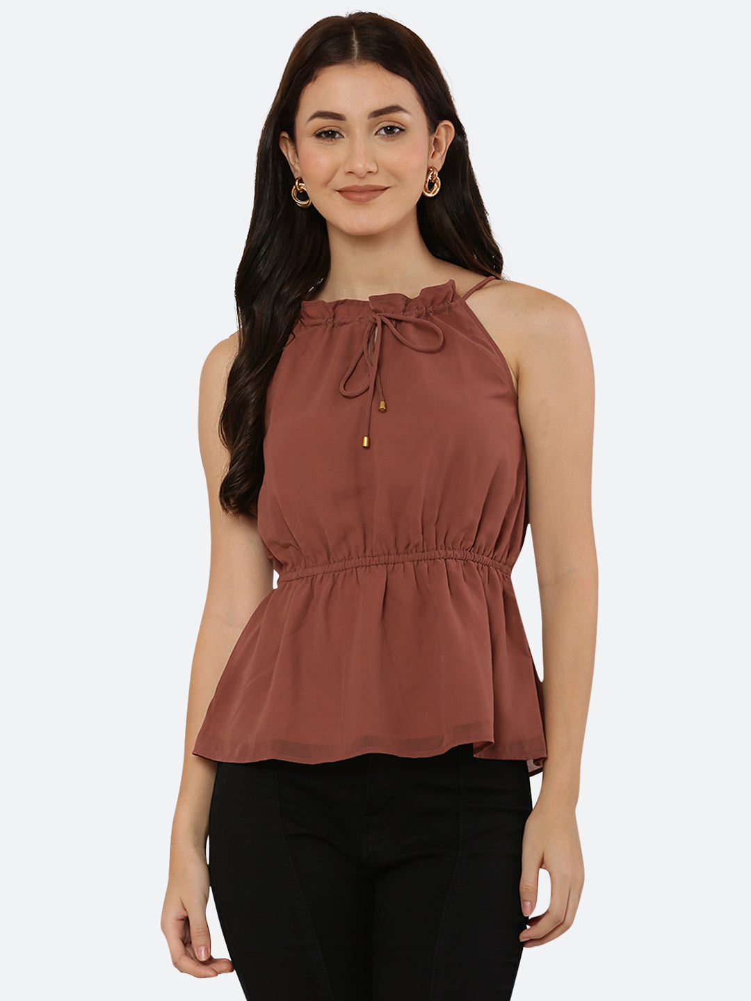 A Solid Brown Color Halter Neckline Top with drawstring and ruched waist is a stylish and versatile piece of clothing that can be dressed up or down depending on the occasion. The halter neckline creates an elegant and feminine look, while the drawstring and ruched waist add a touch of detail and texture to the top.