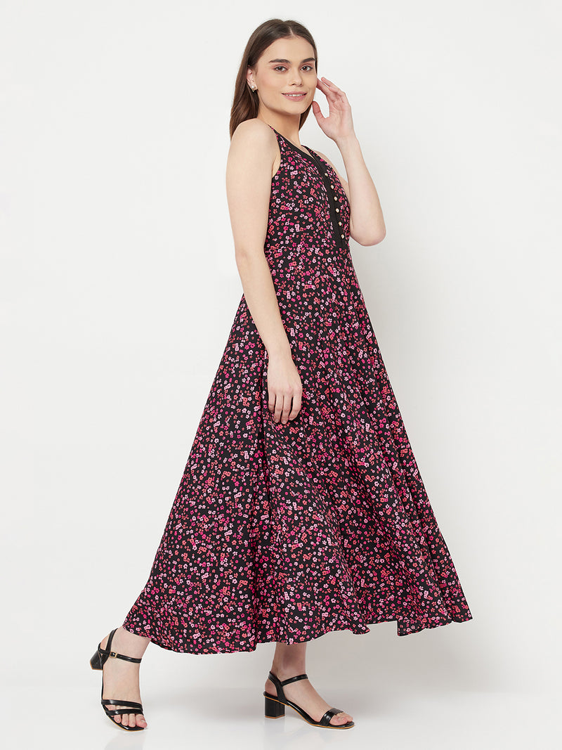A floral printed maxi dress for women with an attached lining is a stylish and comfortable option for any occasion. The dress features a long length, typically reaching the ankles, and is made from a lightweight and flowy poly crepe fabric such.  The floral print adds a touch of femininity and elegance to the dress, making it perfect for both casual and formal events. 