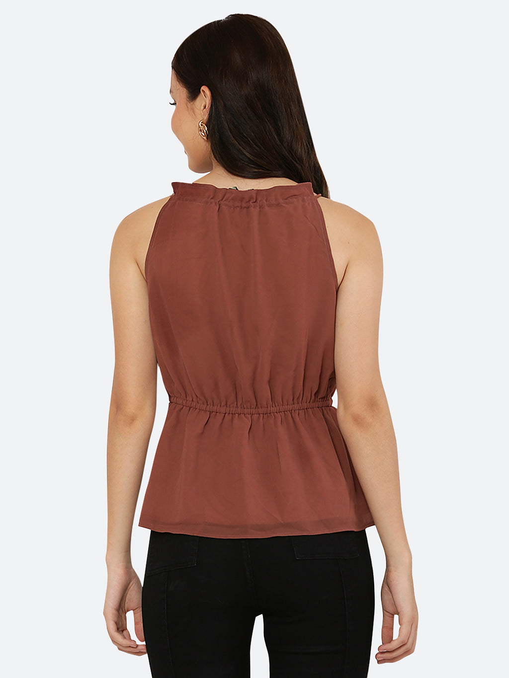 A Solid Brown Color Halter Neckline Top with drawstring and ruched waist is a stylish and versatile piece of clothing that can be dressed up or down depending on the occasion. The halter neckline creates an elegant and feminine look, while the drawstring and ruched waist add a touch of detail and texture to the top.
